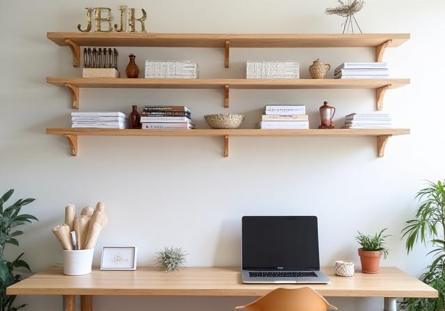Oficina en casa con estanterías flotantes organizadas